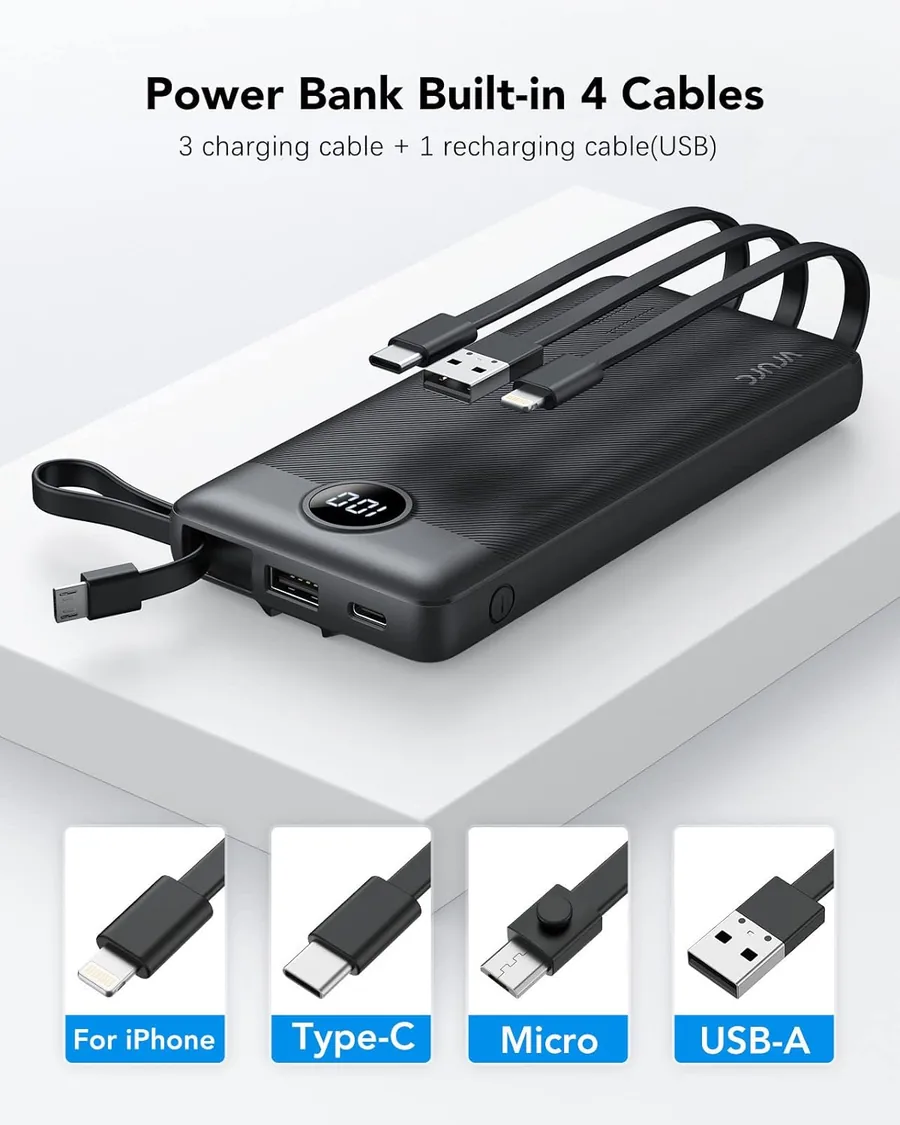 VRURC Power Bank 10000mAh con Cables Integrados