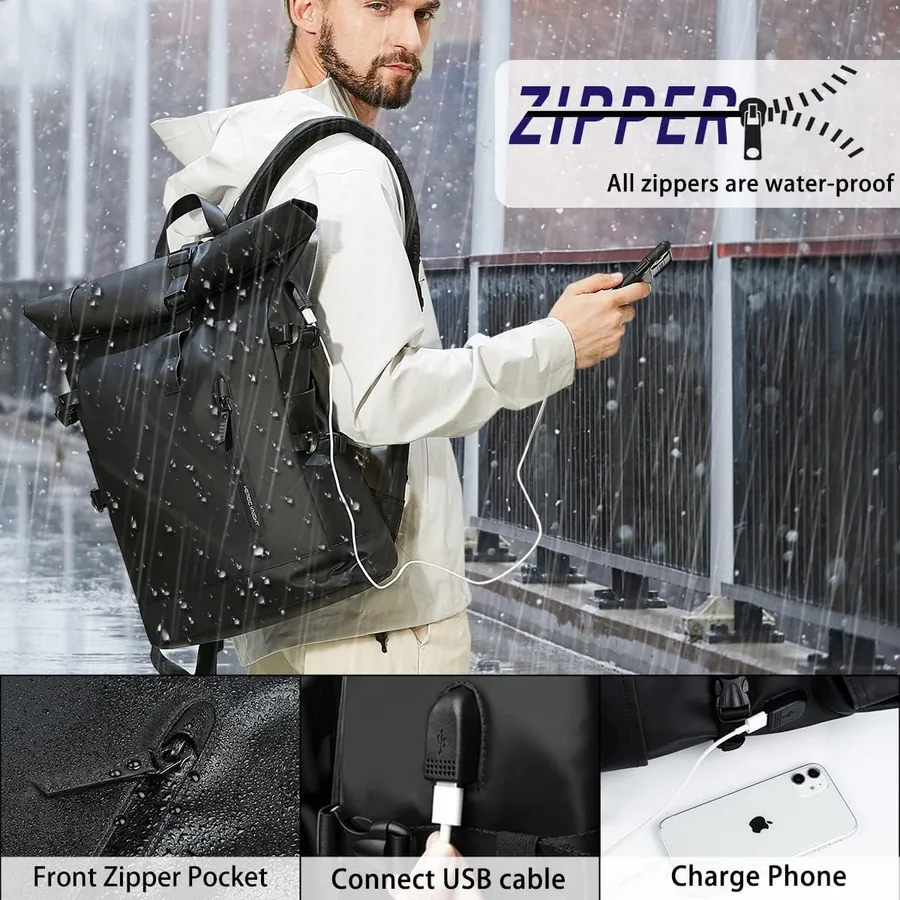 HK Mochila Roll-Top Impermeable USB